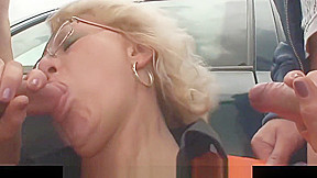 Blonde old granny double fucked in the fields