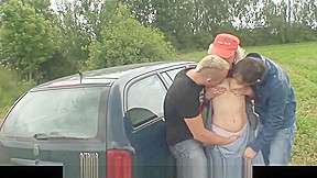 Blonde old granny double fucked in the fields