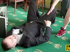 Deepthroating sub fucked hard after wrestling