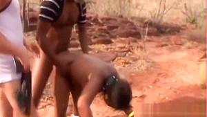 Ebony Babe Gets Filled By Two Schlongs Outdoors