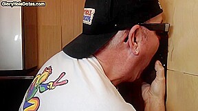 Gloryhole amateur DILF sucking and tugging Black cock
