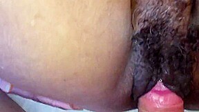 Hairy ebony milf fucks and creams white boy cock