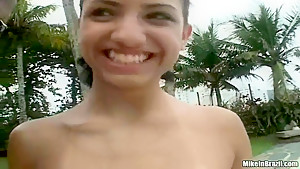 Petite Latinas bitch Rafaella fucks with Tony Tigrao on the pool