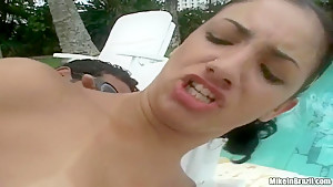 Petite Latinas bitch Rafaella fucks with Tony Tigrao on the pool