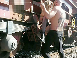 Teeen blonde tied to a train, creampie and squirt