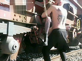 Teeen blonde tied to a train, creampie and squirt
