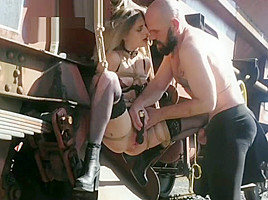 Teeen blonde tied to a train, creampie and squirt