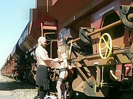 Teeen blonde tied to a train, creampie and squirt