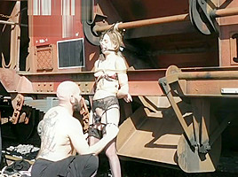 Teeen blonde tied to a train, creampie and squirt