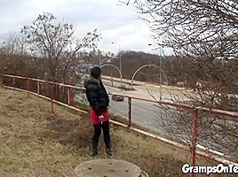 Teen doggystyled by gramps in public fuck