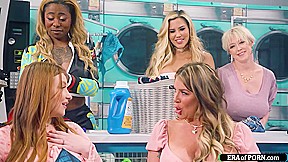 Young guy is sucked and fucks busty milfs in a laundry room