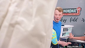 Young guy is sucked and fucks busty milfs in a laundry room