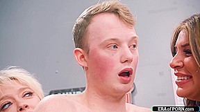 Young guy is sucked and fucks busty milfs in a laundry room